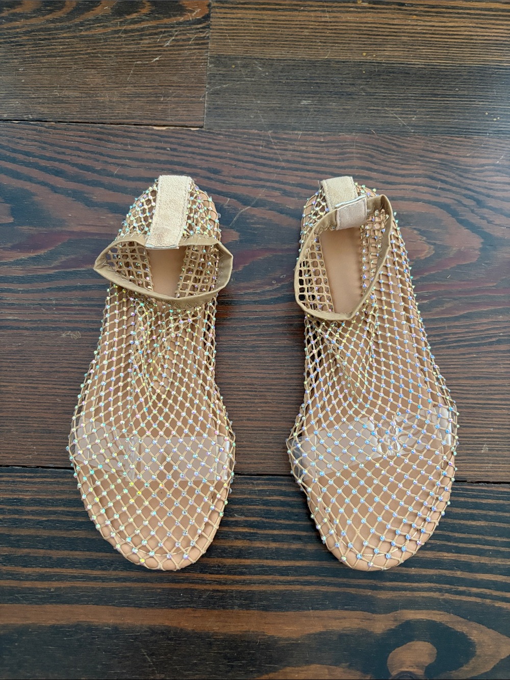 Beige Rhinestone Mesh Flat Sandals - Women
